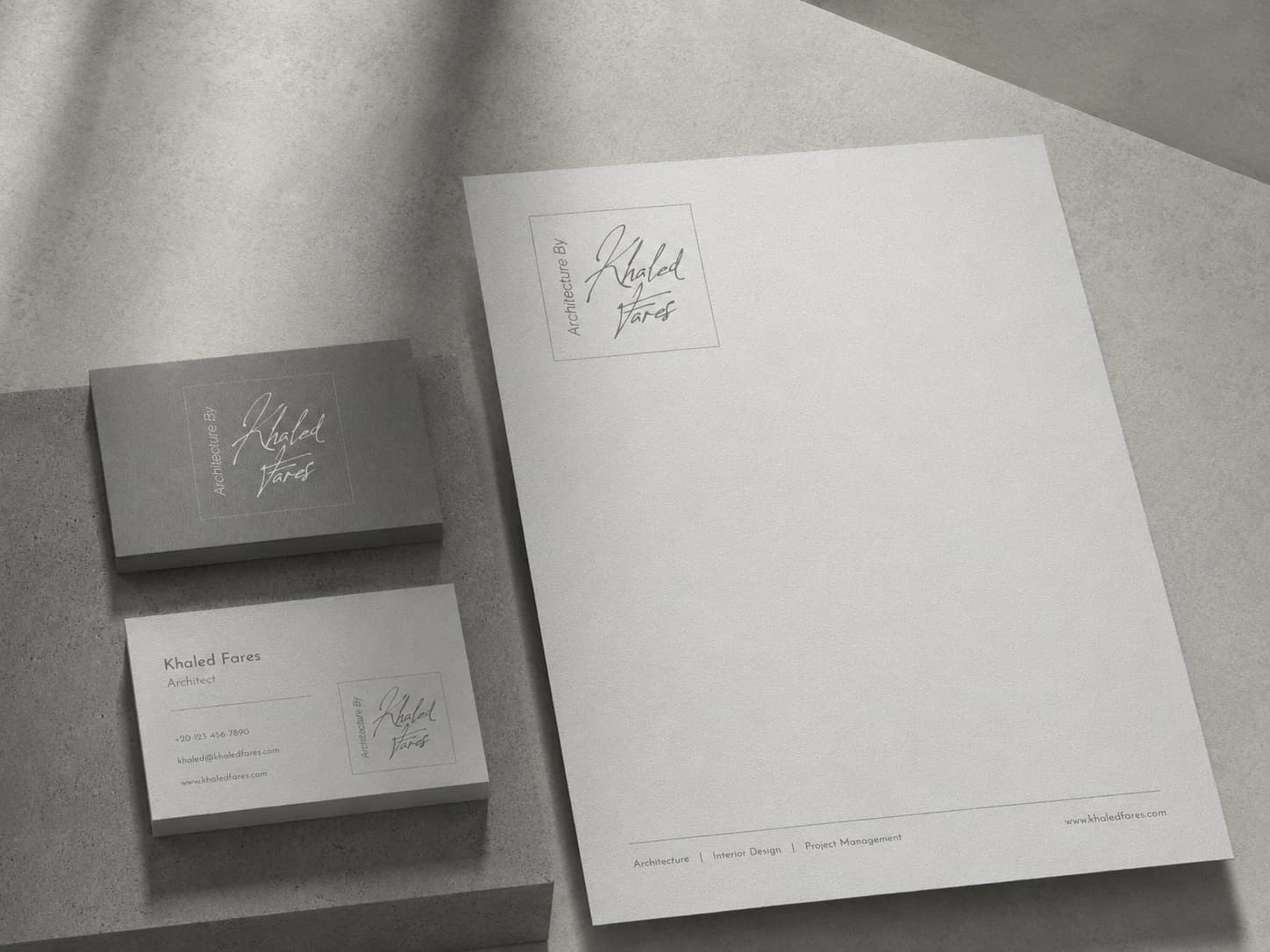Khaled Fares architecture identity applied to minimal stationery and letterhead in warm concrete tones