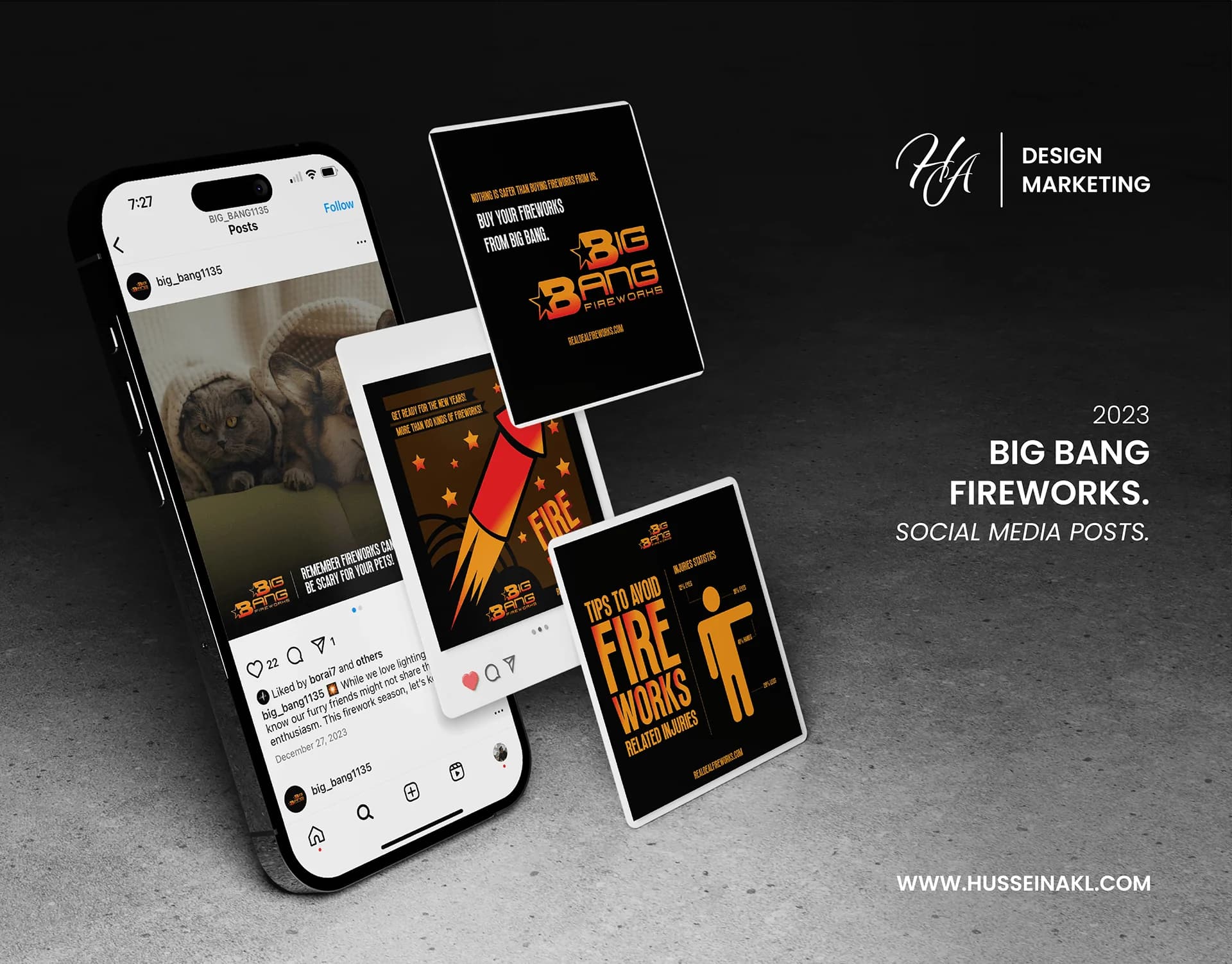 Big Bang Fireworks social media posts presented across mobile and tablet mockups