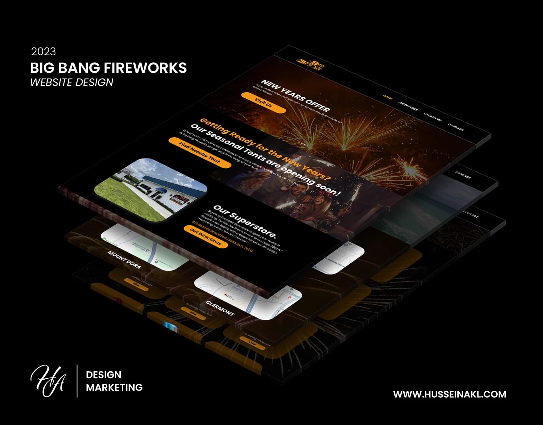 Layered Big Bang Fireworks website screens showing the homepage, seasonal locations and product browsing