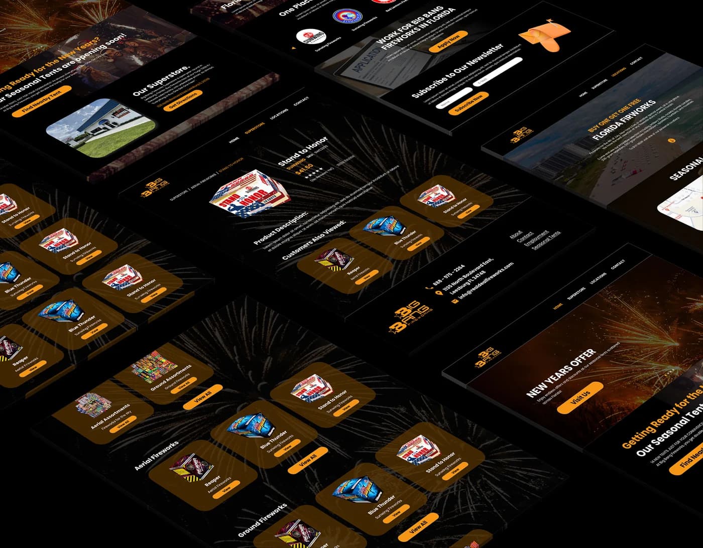 Big Bang Fireworks website design system showing product pages, newsletter, store information and seasonal content