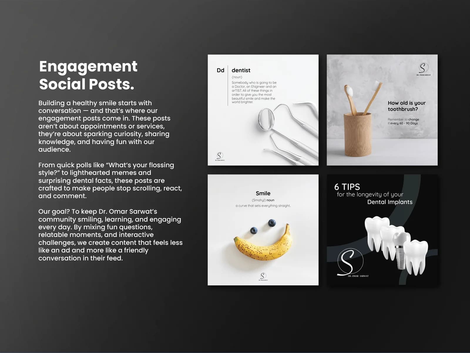 Dr. Omar Sarwat engagement social posts including educational and interactive dental content