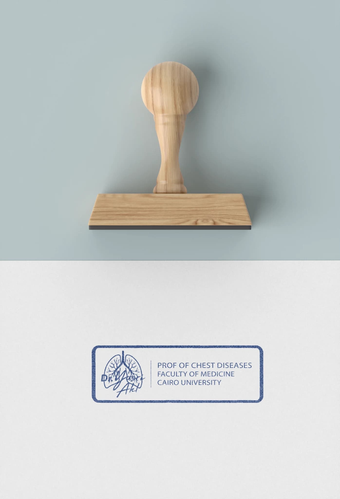Wooden medical stamp mockup using the Dr. Yosri Akl professional identity