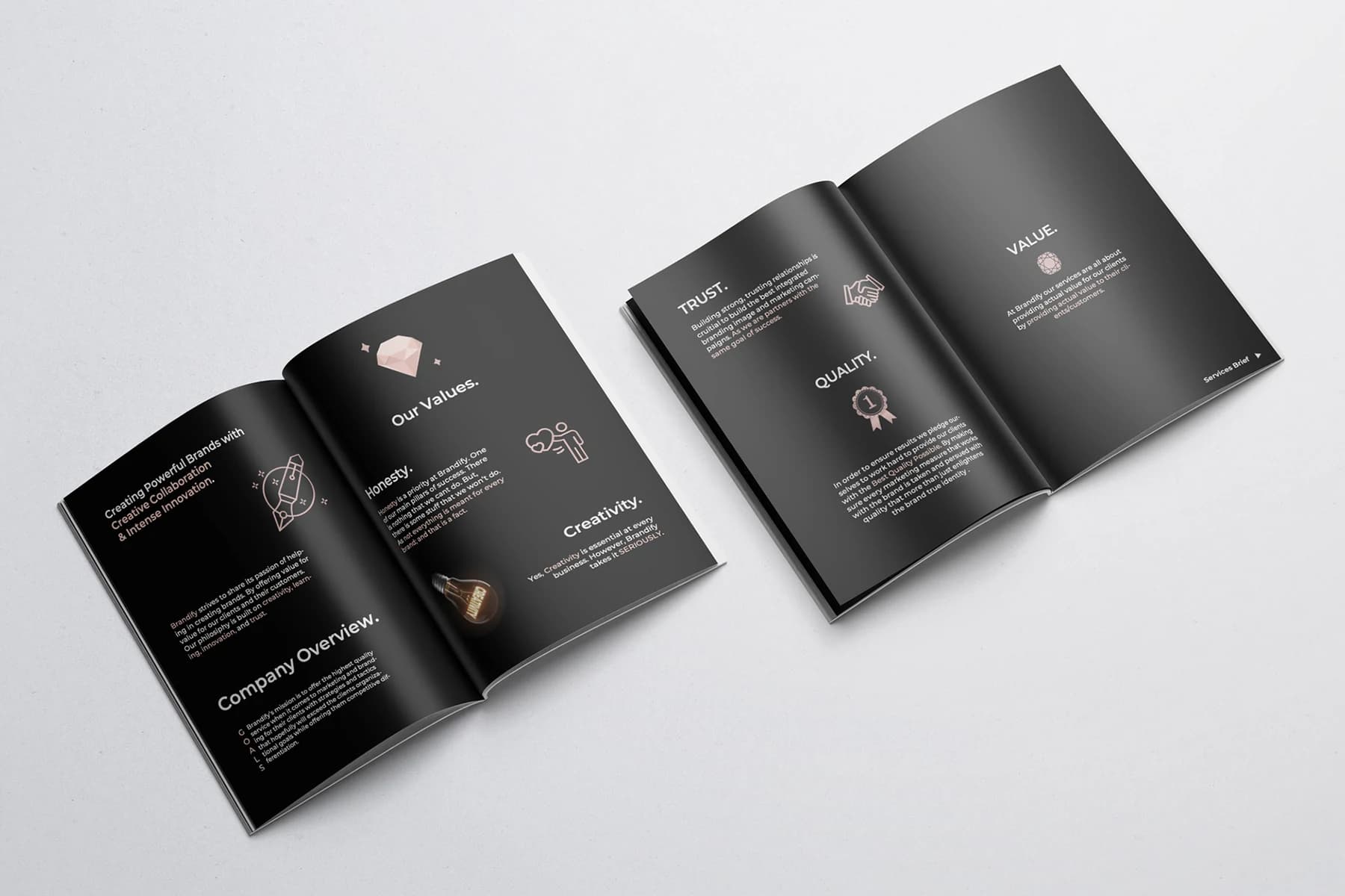 BRANDIFY company profile spreads presenting the studio overview and values