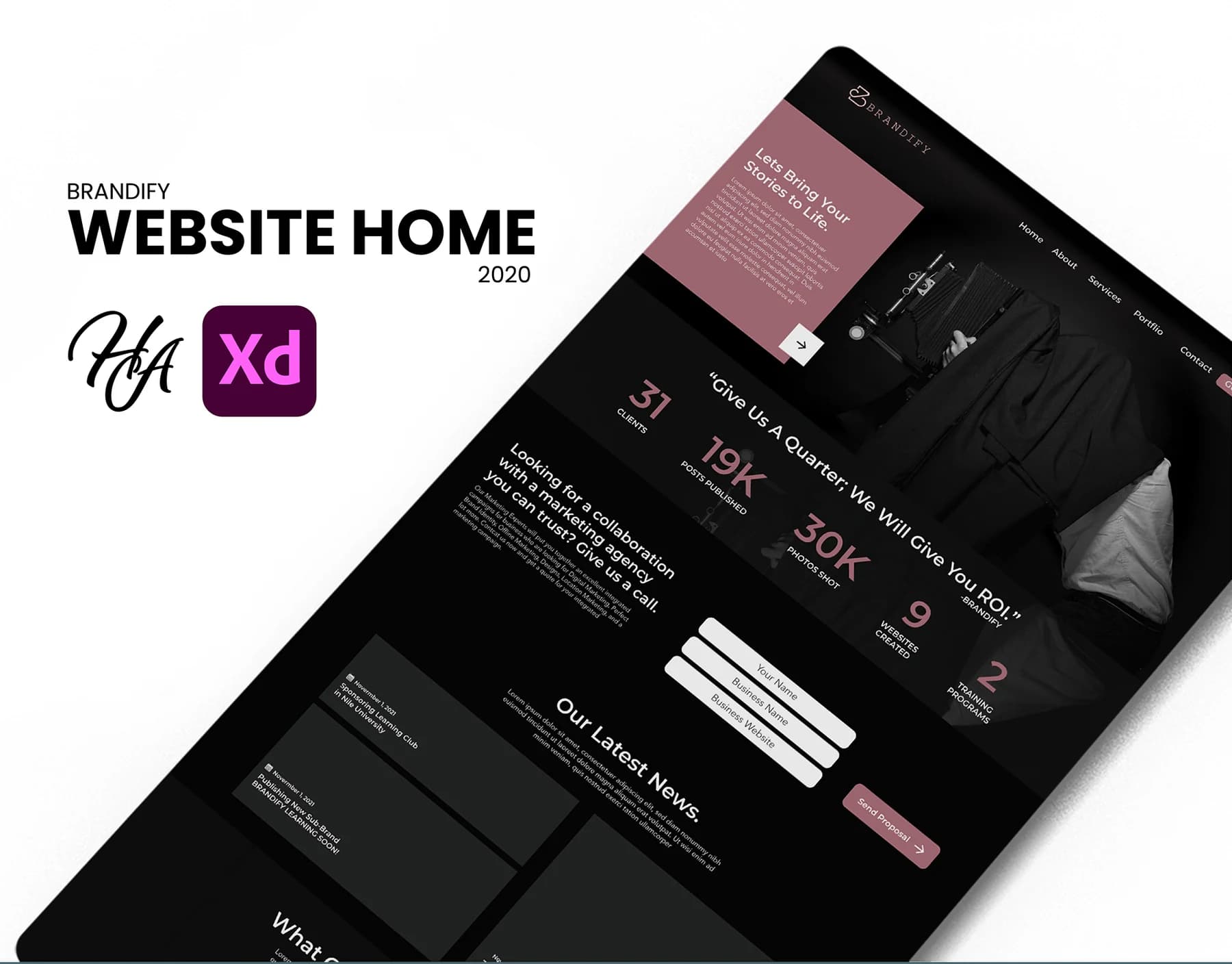 BRANDIFY website homepage presentation using a dark interface with muted pink accents