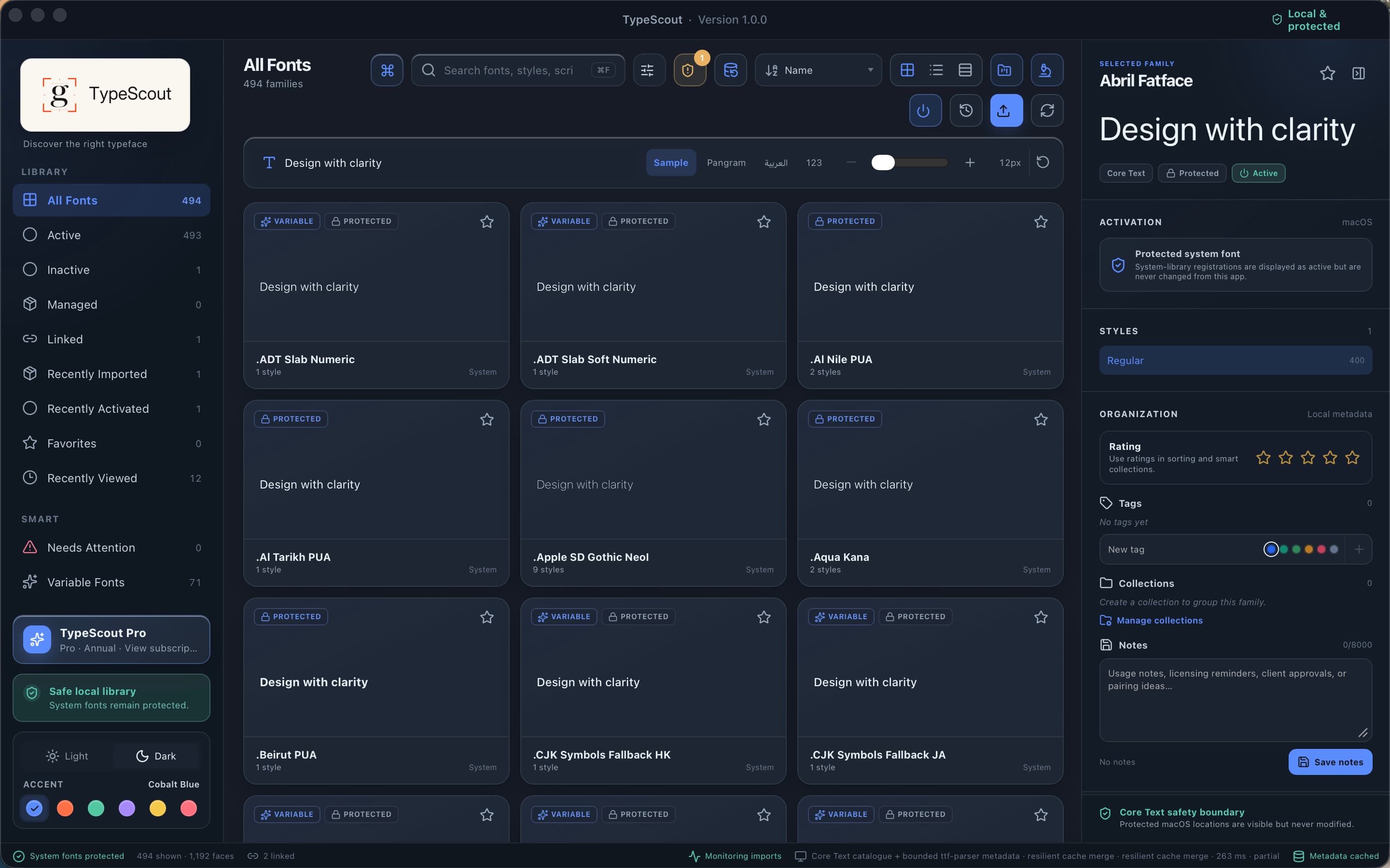 TypeScout’s dark-mode font library showing visual family cards, search and filters, the selected-family inspector, and protected system-font safeguards.